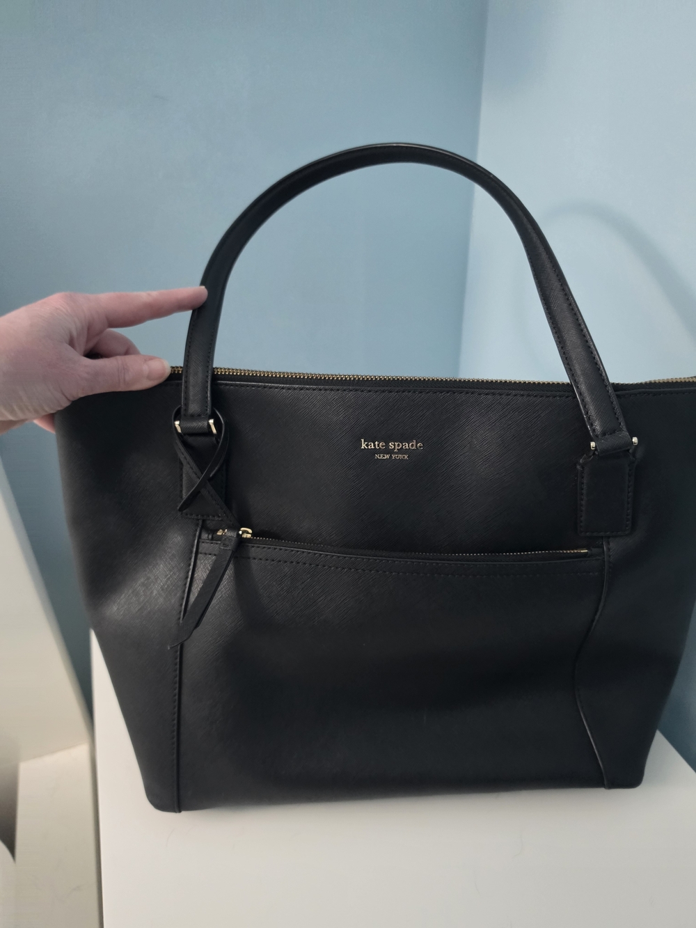 kate spade Black Leather Structured Tote with Gold Accents
